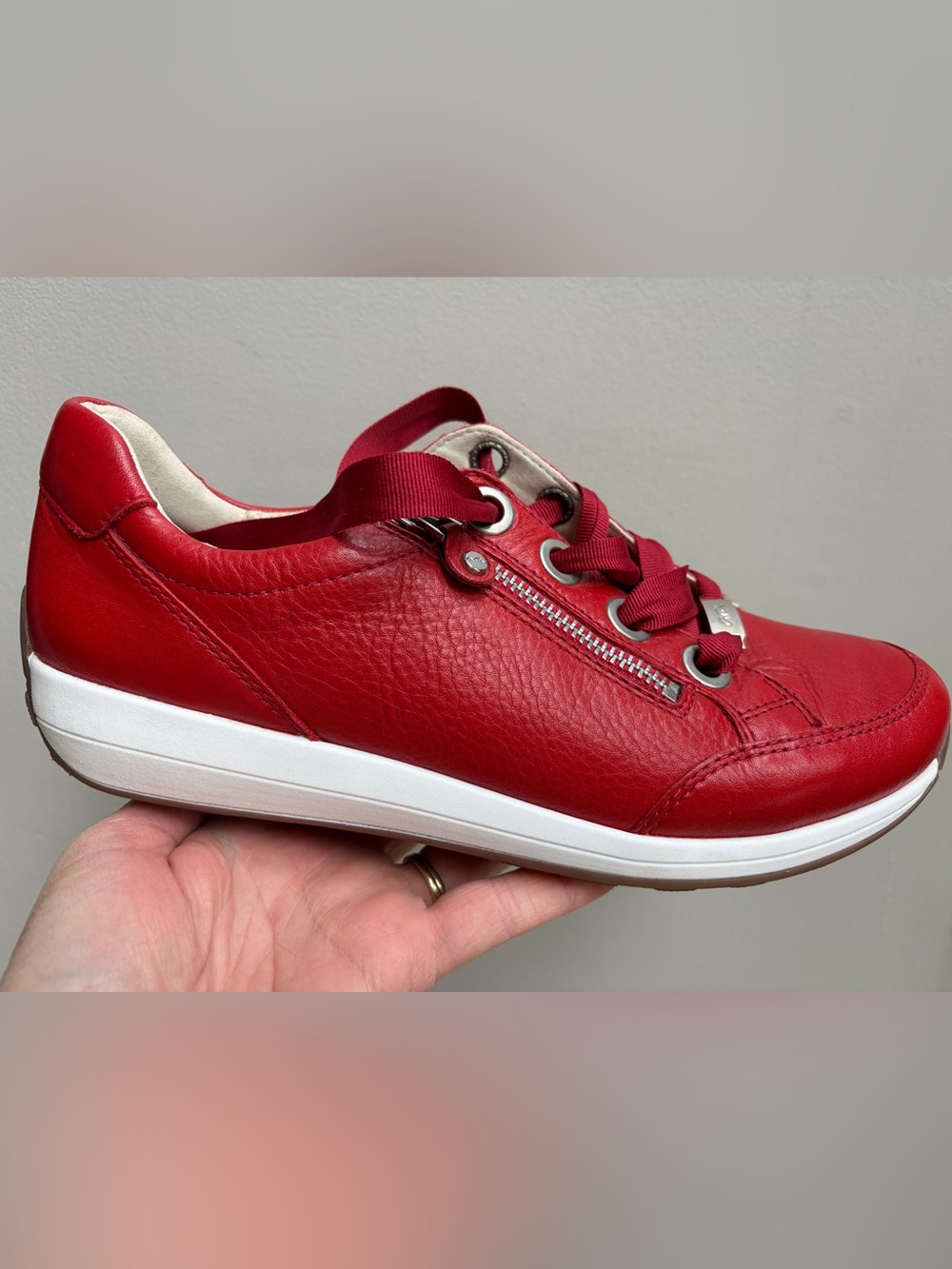 Ara Red Leather Ribbon-Lace Sneaker